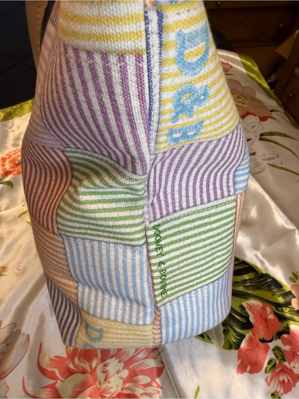 Dooney & Bourke Patchwork Seersucker Tote Bag Multicolor Striped | Leather Trim - Picture 9 of 16
